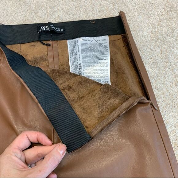Zara camel brown faux leather high waisted vegan leggings Sz S NWOT - Picture 6 of 12